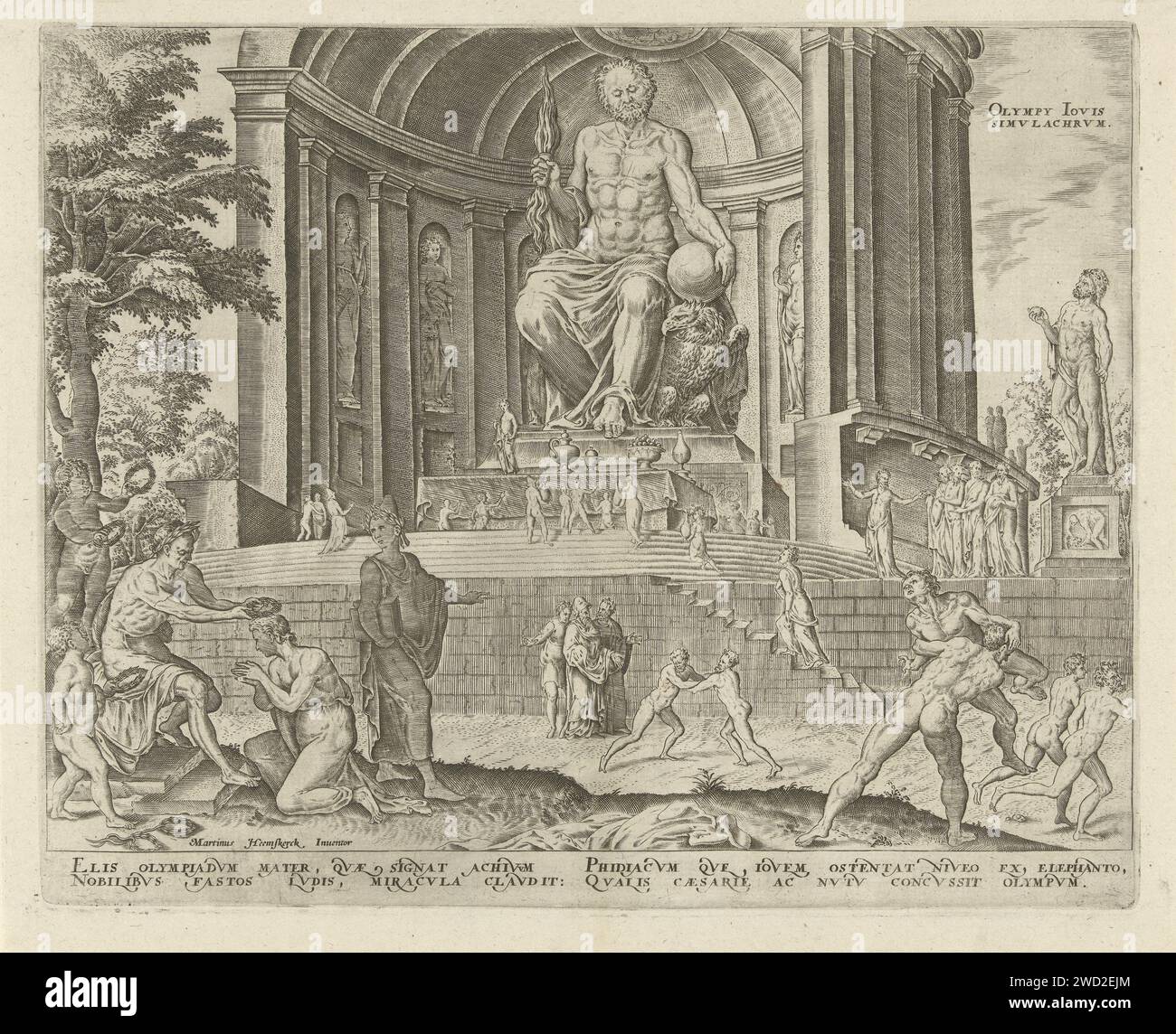 Statua di Zeus ad Olimpia, Philips Galle, dopo Maarten van Heemskerck, stampa del 1572 l'immagine di Zeus era all'interno del Tempio dorico di Olimpia, sul Peloponneso greco. Divenne intorno al 433 a.C. Realizzato dallo scultore ateniese Fidia. A destra del tempio un'immagine di Ercole. Sulle scale per le persone del tempio che adorano l'immagine di Zeus. In primo piano sulla destra lottatori olimpici e cavalieri, sulla sinistra uno dei vincitori è onorato. La stampa ha una didascalia latina e fa parte di una serie sulle otto meraviglie del mondo. Stampatore: Antwerpafter design di: HaarlemHaarlempublisher: Foto Stock