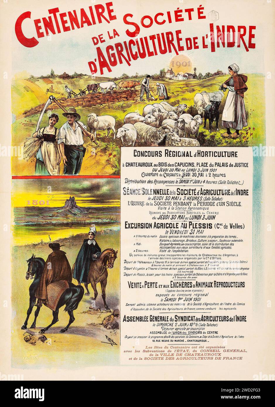 Centenaire de la Societe - Indre Agricultural Society (1901). Poster pubblicitario francese - agricoltori di vecchia data Foto Stock