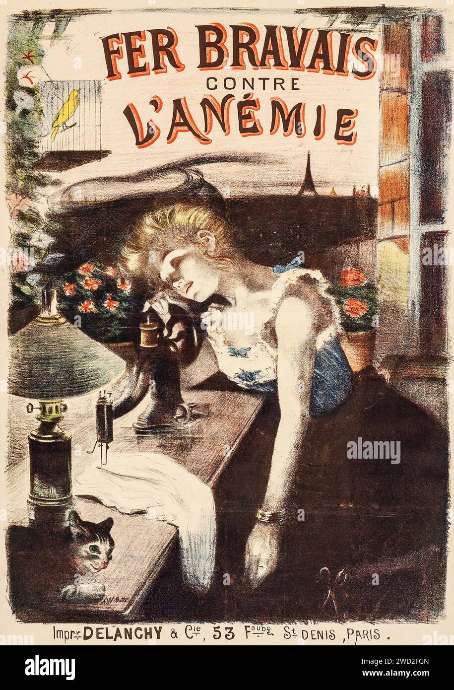 Fer Bravais Contre l'Anemie (1898) poster pubblicitario francese - Adolphe Willette artwork - poster per una medicina presa per trattare l'anemia - ragazza che dorme alla macchina da cucire Foto Stock