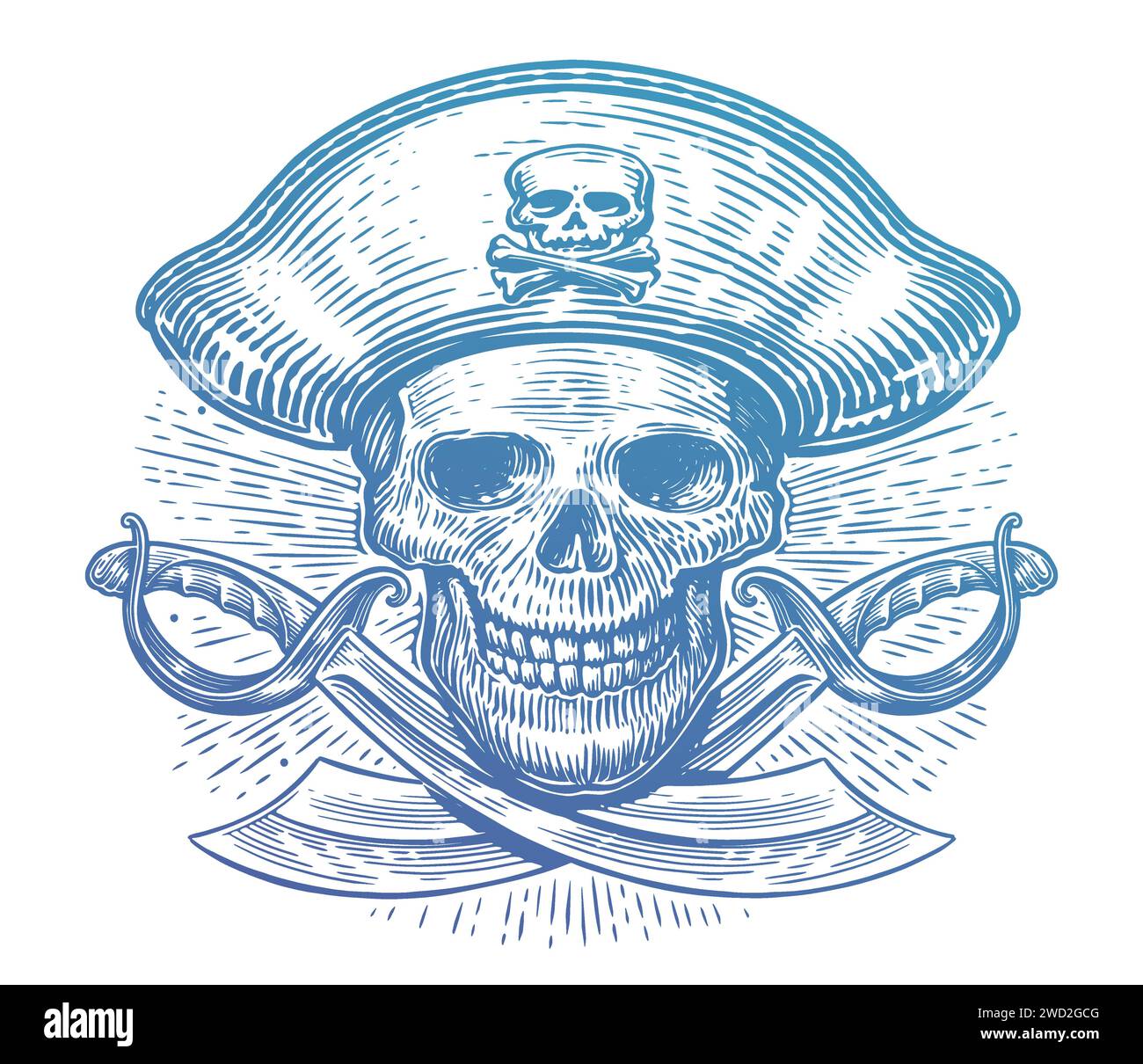 Teschio sopra le sciabole incrociate. Jolly Roger, simbolo dei pirati. Illustrazione vettore Corsair Illustrazione Vettoriale
