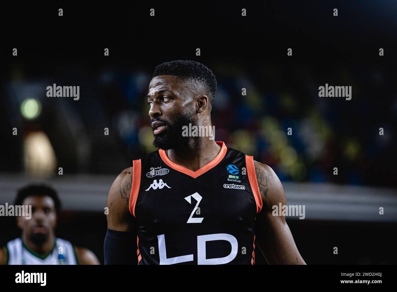 Joventut Badalona sconfigge i London Lions in una partita di Eurocup all'arena Copper Box di Londra il 17 gennaio 2024. David Nwaba dei Lions. copyright caroljmoir Foto Stock