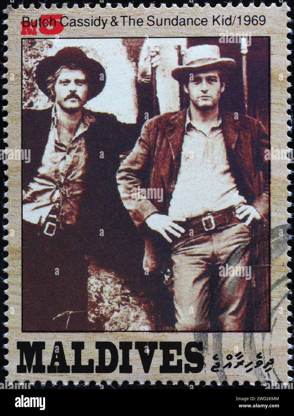 Foto di Robert Redford e Paul Newman in "Butch Cassidy" su francobollo Foto Stock