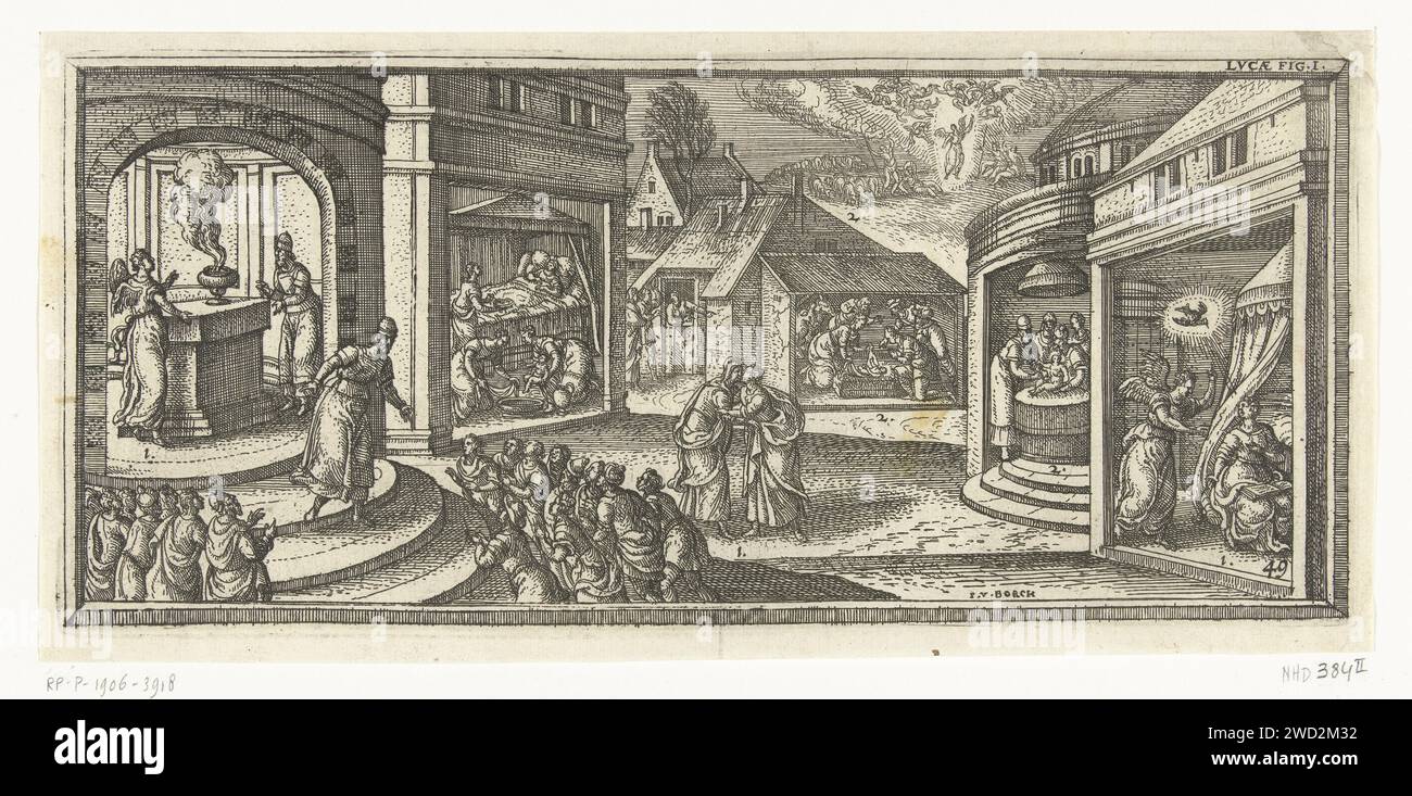 Birth of Christ and Johannes de Doper, Pieter van der Borcht (i), 1639 - 1717 stampare diverse scene dal Vangelo di Lucas sulla nascita di Cristo. Le scene sono numerate sul passaggio. All'estrema sinistra dell'impronta, l'angelo Gabriele appare al sacerdote Zacharias. Egli gli proclama la nascita di suo figlio Giovanni Battista (Luca 1,9-20). Zacharias poi lascia il tempio e viene interrogato dal popolo (Luca 1,21-23). All'estrema destra, Maria è visitata dall'angelo Gabriele che le proclama la nascita di Cristo (Luca 1: 26-35). Nel mezzo della stampa la visita di Maria a sua nipote Elisa Foto Stock