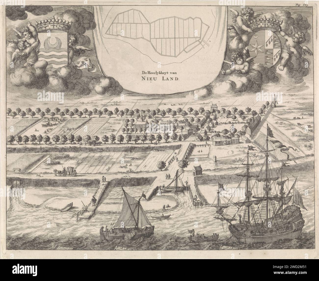 Vista del Heerlijkheid Nieuwland, Jan Luyken, stampa del 1696 Vista del villaggio e dell'Heerlijkheid Nieuwland su Walcheren, in una breve prospettiva. In alto a sinistra putti con l'arma di Nieuwland. In alto al centro, una mappa della gloria e del titolo. In alto a destra lo stemma di Catharina Verbrugge, vedova di Cornelis Claesz. Van Elfsdijk - che aveva comprato la gloria nel 1679. Immaginato in alto a destra: Pag. 663. Tipografia: AmsterdamEditore: Middelburg Editore: Amsterdam cartaceo incisione mappe di paesi o regioni separati. stemma (come simbolo dell'stat Foto Stock