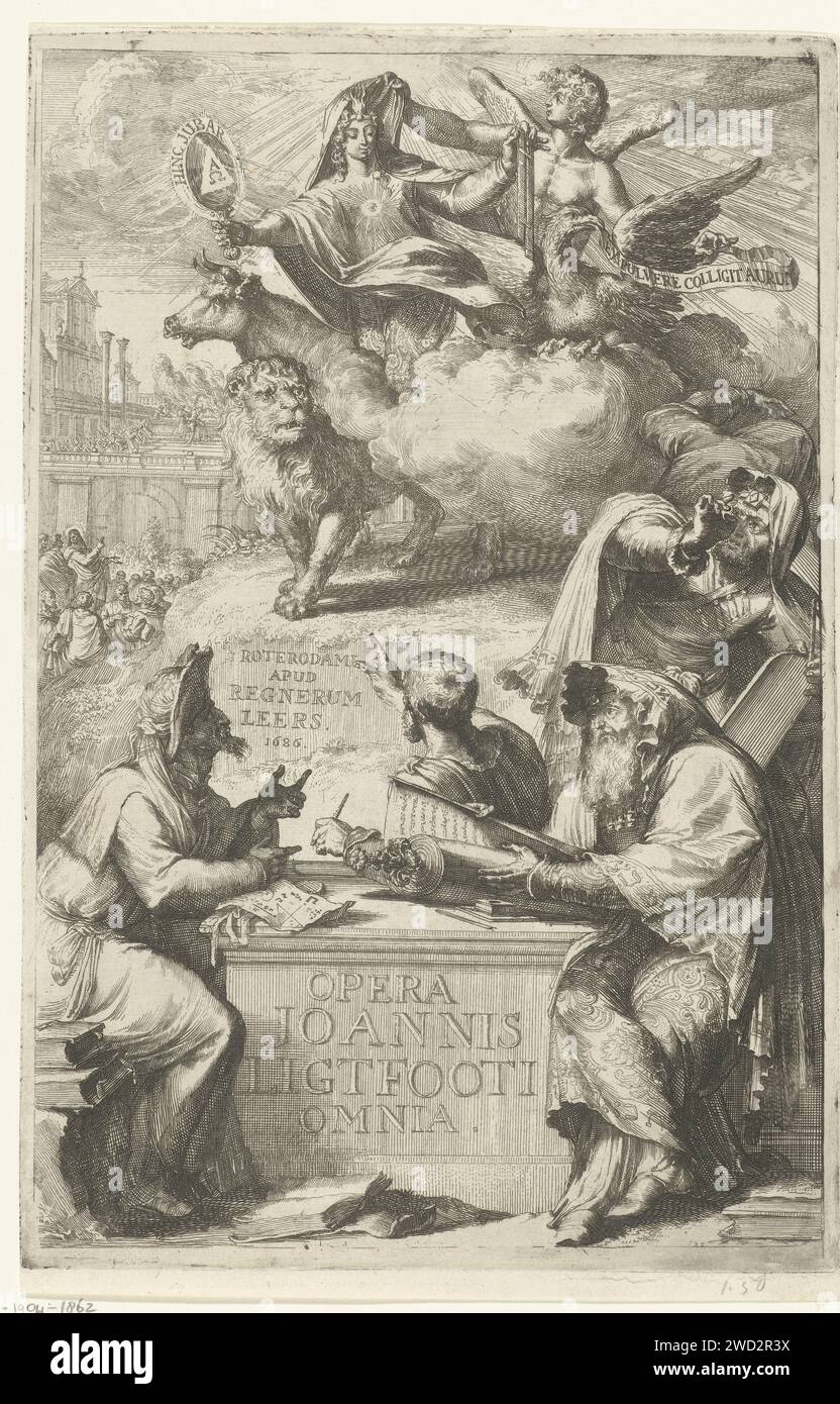 Stampa del titolo di "Opera Omnia" di John Lightfoot, Romeyn de Hooghe, stampa del 1686 Un piedistallo o tavolo in pietra ha un gentiluomo ebreo circondato da altri tre uomini, con un rotolo su cui si trovano testi ebraici. Sullo sfondo una figura allegorica (verità?) Circondato dai quattro simboli evangelisti (angelo, aquila, leone, bestiame). Tipografia: Haarlempublisher: Incisione/incisione della religione e della cultura ebraica a Rotterdam. Studiare la Torah, il Talmud, ecc.. - Doveri personali nella vita ebraica. Verità; 'VeritÃ' (Ripa). aquila (possibilmente con libro)  simbolo di San Giovanni. ox (possibilmente con libro)  simbolo Foto Stock