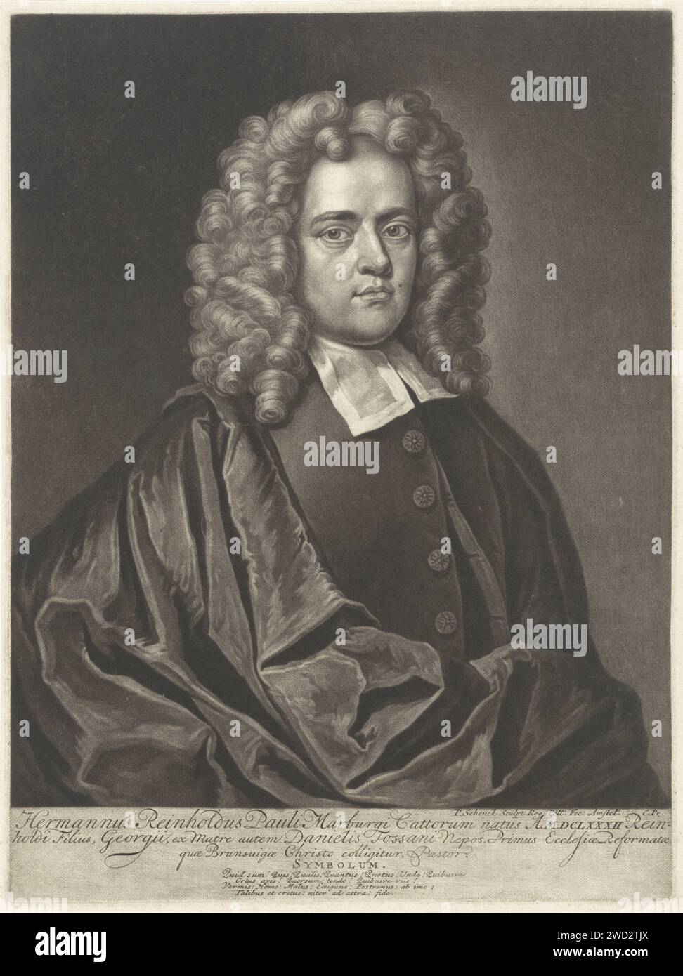 Ritratto del pastore Hermann Reinhold Pauli, Pieter Schenk (i), 1692 - 1713 stampa Amsterdam carta incisione parrucca Foto Stock