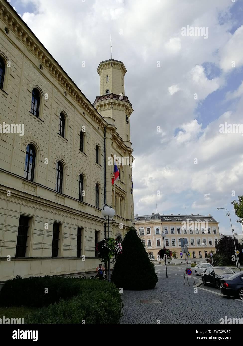 Il castello di Mlada Boleslav e la piazza della città vecchia, il centro storico, la Repubblica Ceca, l'Europa, vista panoramica aerea del paesaggio urbano Foto Stock