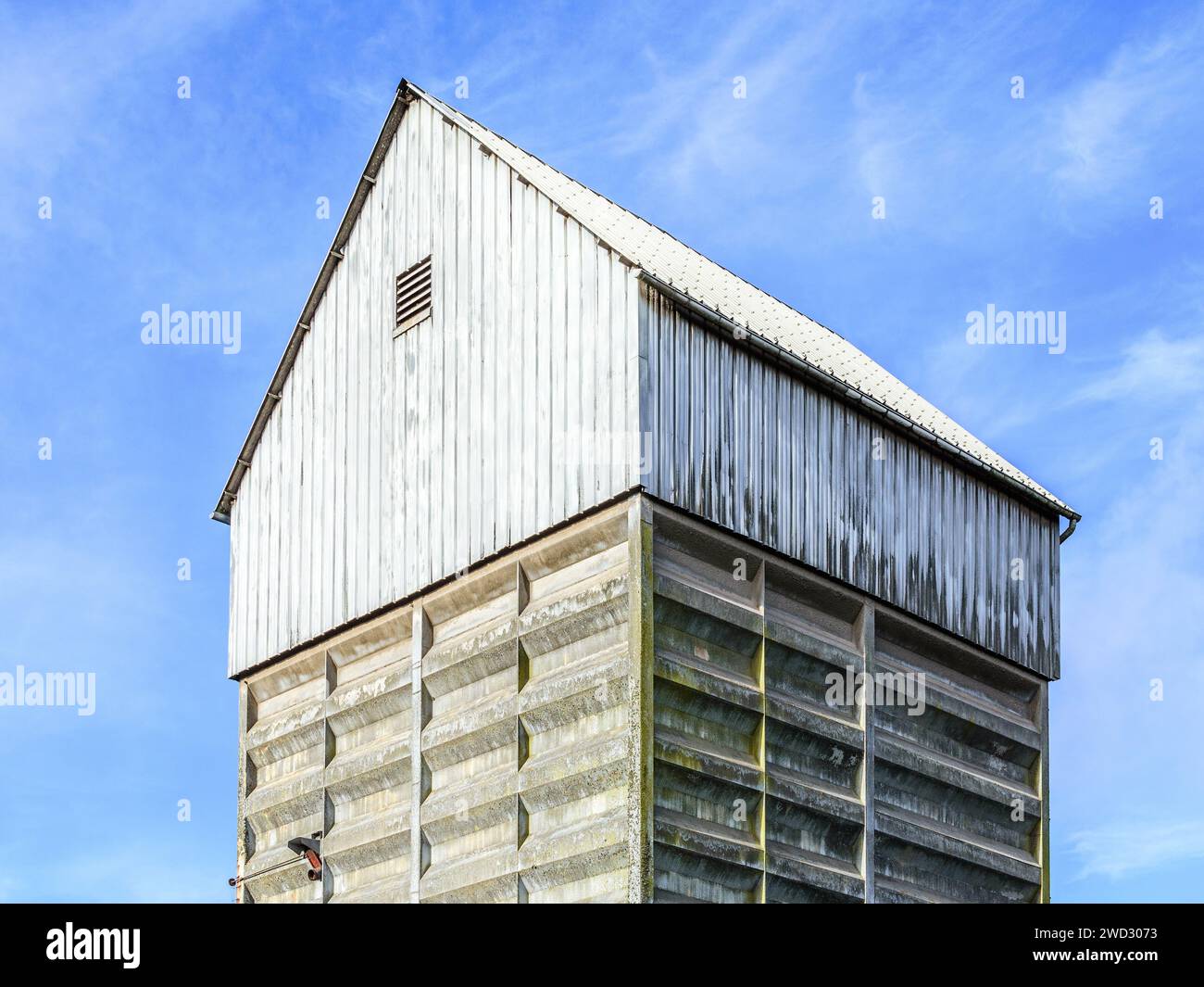 Silo granato in cemento prefuso anni '1960 e rivestimento in metallo - Francia centrale. Foto Stock