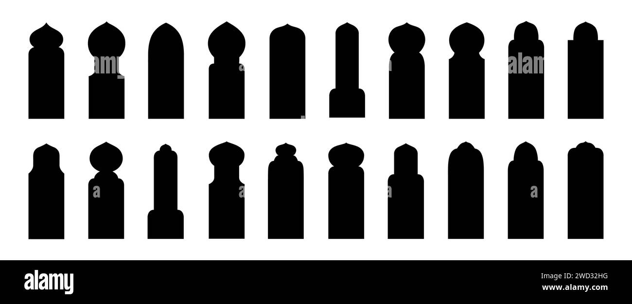 Forme di porte islamiche. Archi sagomati con ornamenti. Telai per finestre per la progettazione per il mese del Ramadan. Raccolta di elementi vettoriali isolati su sfondo bianco. Illustrazione Vettoriale