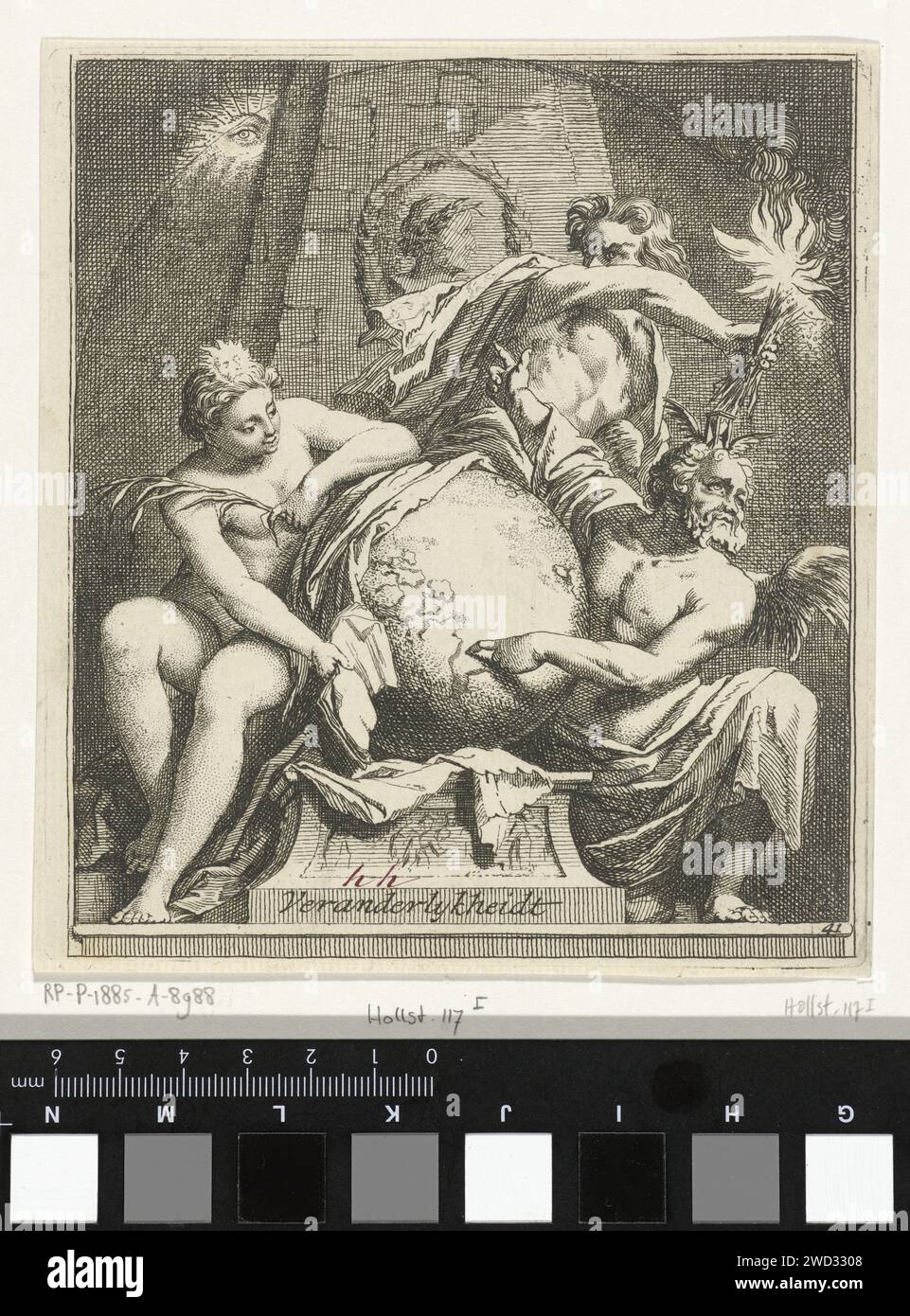 Allegoria della modificabilità, Arnold Houbraken, 1710 - 1719 stampa rappresentazione allegorica con un globo, su una stalla perforante con un bassorilievo, che è fiancheggiata dal padre tempo (a destra), con una clessidra e le ali sulla schiena e la verità personificata (a sinistra), con un sole sulla testa. Punti temporali del padre con una mano sul globo e le altre su un occhio visibile in alto a sinistra sullo sfondo. Dietro il globo una terza figura, la personificazione della menzogna, che si divide con un branco ardente di rami in mano. Stampa da una serie di 41 sintomi. Amsterdam paper etchi Foto Stock