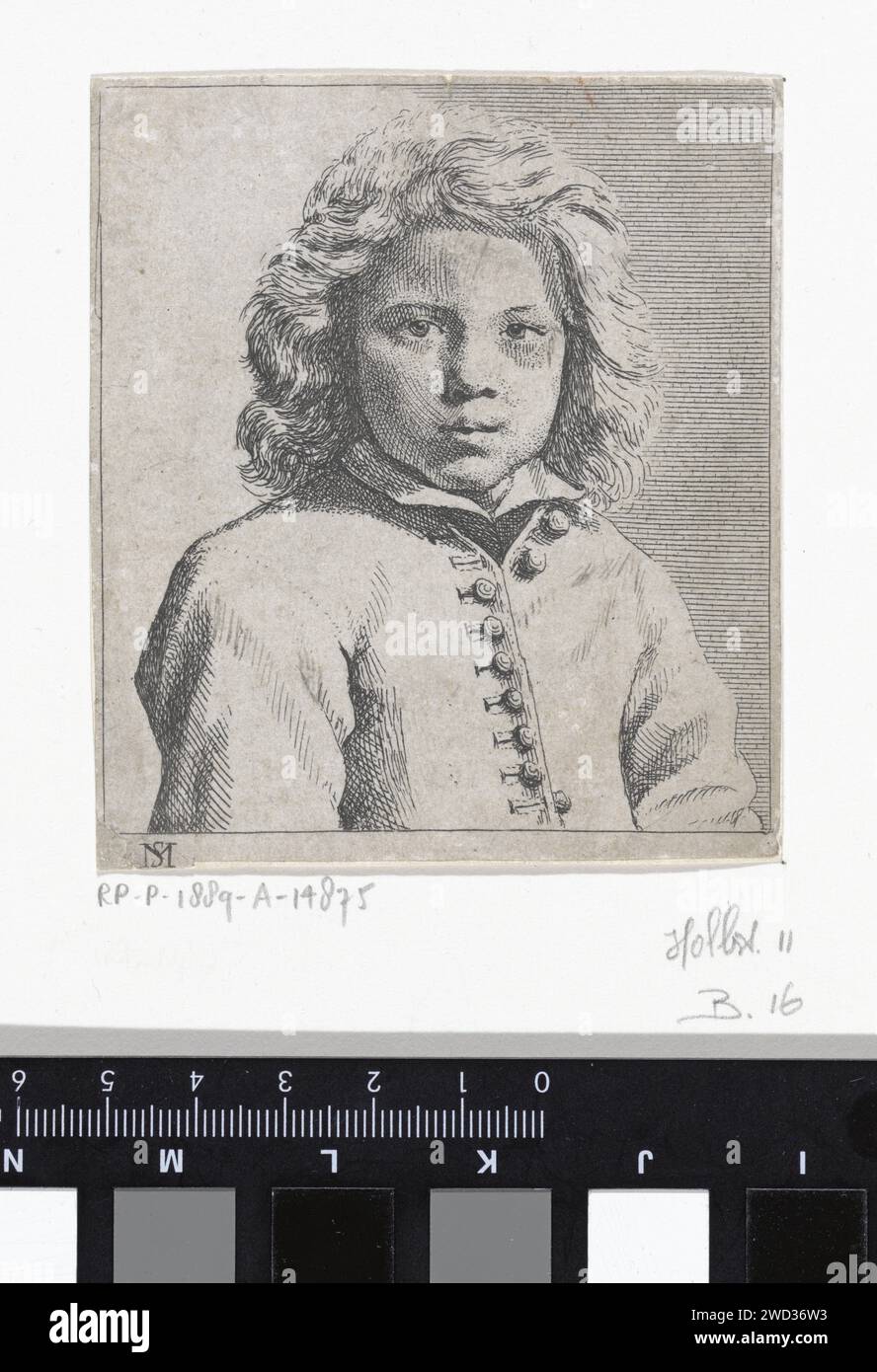 Busto di un ragazzo, Michael Sweerts, 1656 stampa Ritratto di un ragazzo con i capelli ondulati delle spalle. Indossa una giacca con bottoni. Bambino con incisione/incisione di carta di Bruxelles (bambino tra il bambino e la giovinezza) Foto Stock