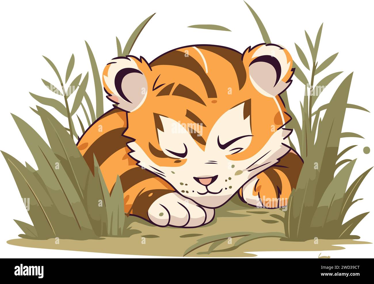 Bella tigre che giace nell'erba. Illustrazione vettoriale isolata su sfondo bianco. Illustrazione Vettoriale