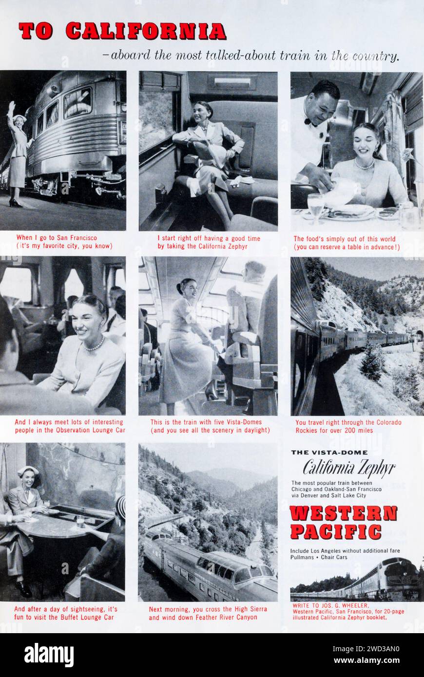 1955 rivista pubblicitaria viaggi pubblicitari in California sul Western Pacific Vista-Dome California Zephyr train. Foto Stock