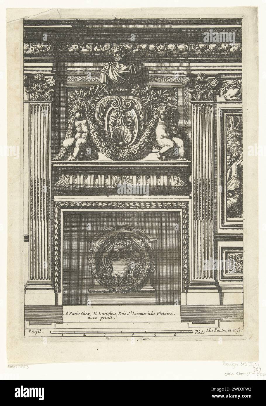 Subsema con Keizersbuste, Jean Lepautre, c. 1665 - c. 1670 stampa il seno inferiore si trova tra due colonne composite. Con ribellione e piano. Pagina 6 della serie 6. Tipografia: Francia (possibilmente)dopo il proprio disegno di: France (possibilmente)editore: Paris paper etching Foto Stock