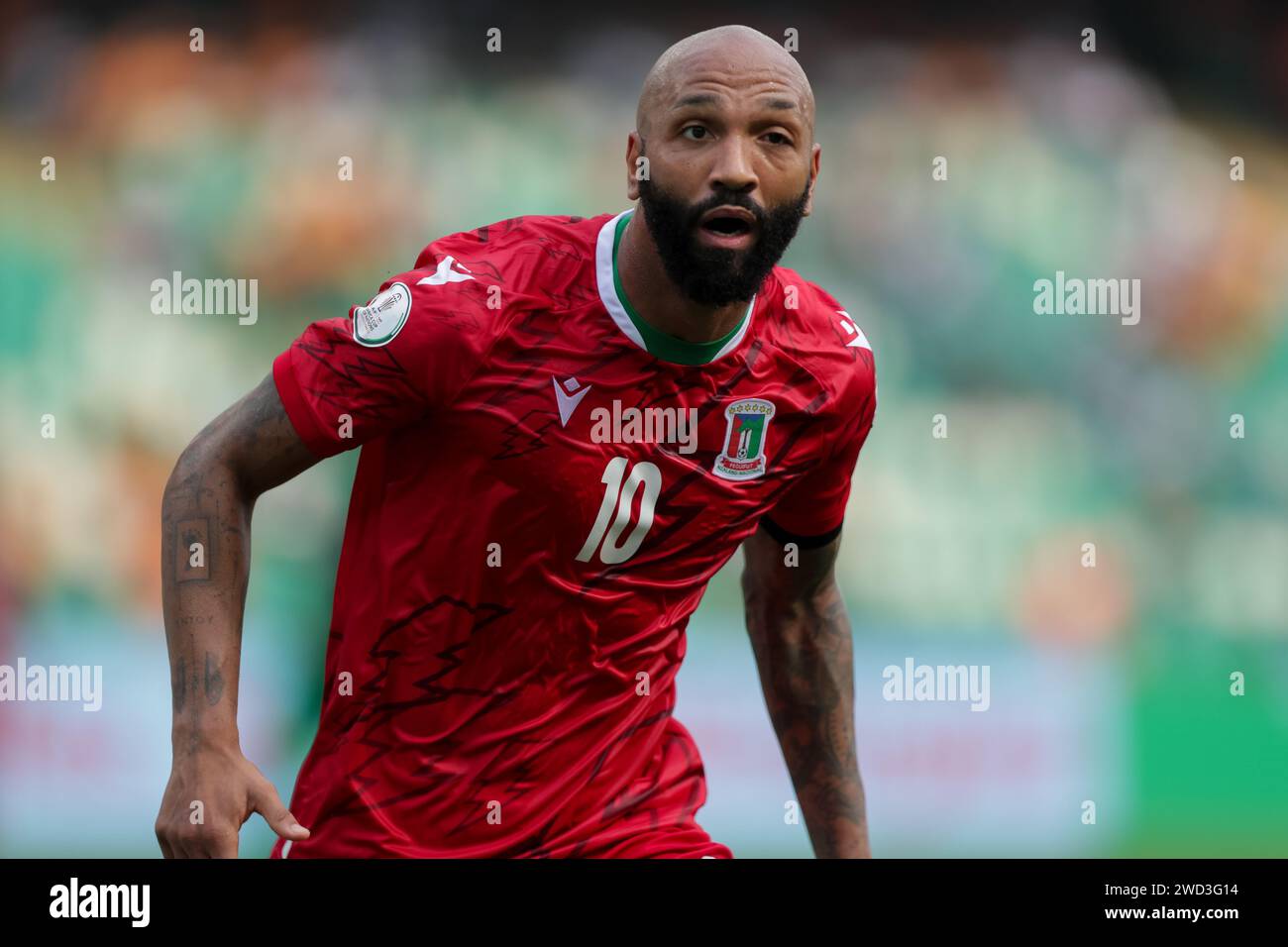 Abidjan, Nigeria. 18 gennaio 2024. Guinea Equitoriale contro Guinea Bissau. Coppa d'Africa AFCON 2023. Emilio Nsue Lopez festeggia il punteggio. Victor modo Foto Stock