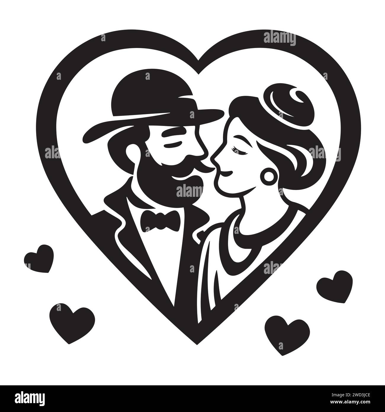 disegno in bianco e nero di una coppia innamorata. San Valentino Illustrazione Vettoriale