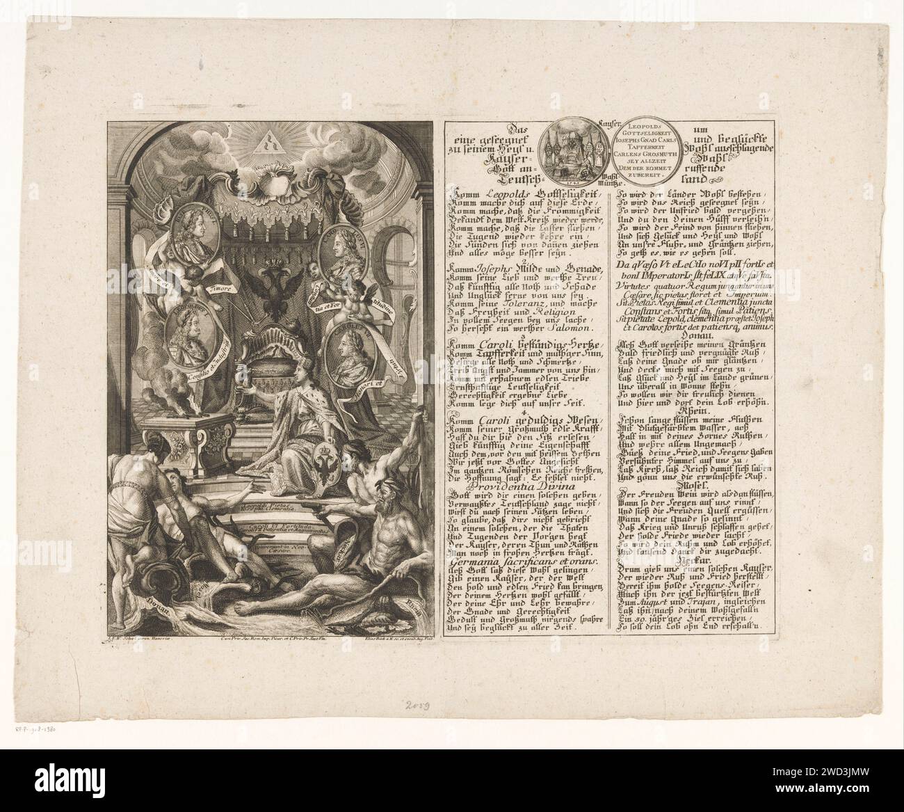 Allegoria sull'imperatore romano-tedesco, Elias Baeck, dopo I.F.W. Schael, 1745 stampa per un trono sotto un baldacchino, la personificazione dell'imperatrice si inginocchia per un altare. Nella mano sinistra tiene l'arma degli Asburgo. Accanto al trono i ritratti degli imperatori Leopoldo i, Giuseppe i, Karel vi e Karel VII Tra quattro divinità fluviali che rappresentano il Danubio, la Mosella, il Neckar e il Reno. Sulla destra una lode in tedesco e latino con una fronte e una parte posteriore di una moneta, forse battuta in occasione dell'elezione di Frans i Stefan come imperatore del Sacro Romano Impero. stampatore: Foto Stock