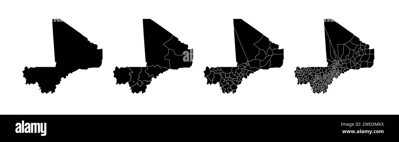 Insieme di mappe di stato del Mali con la divisione delle regioni e dei comuni. Confini del reparto, mappe vettoriali isolate su sfondo bianco. Illustrazione Vettoriale