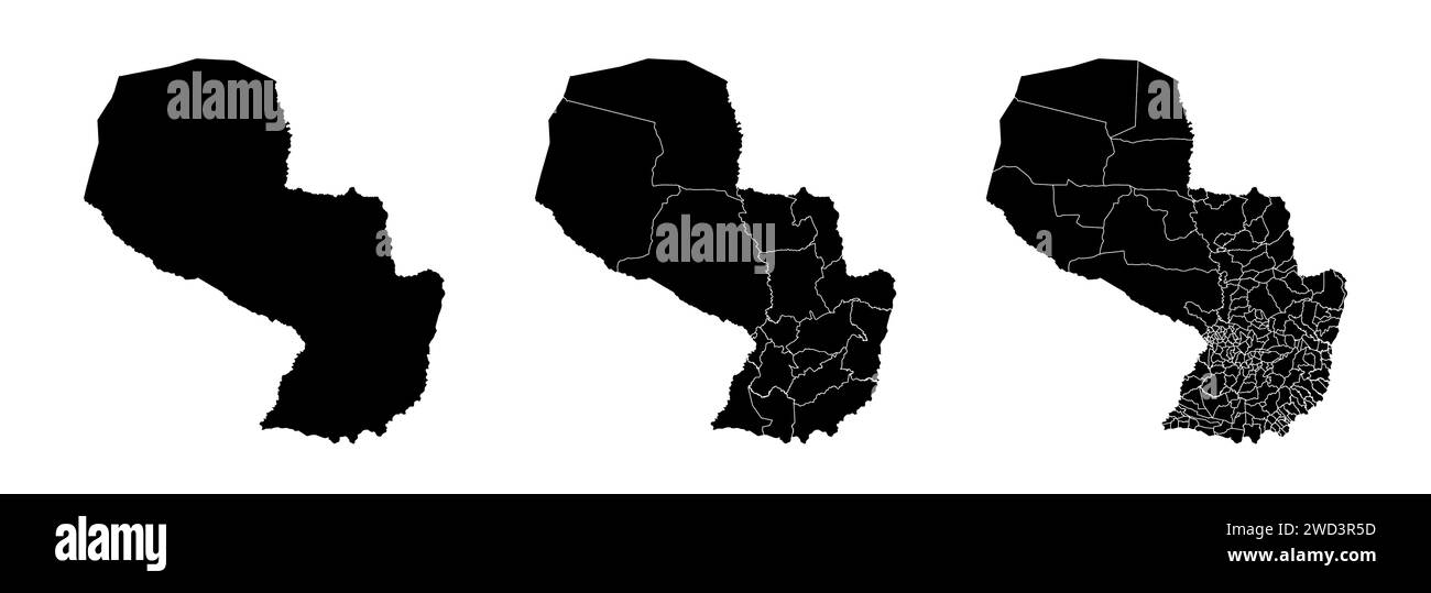 Insieme di mappe di stato del Paraguay con la divisione di regioni e comuni. Confini del reparto, mappe vettoriali isolate su sfondo bianco. Illustrazione Vettoriale