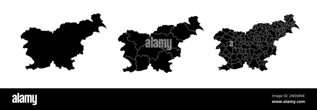 Serie di mappe di stato della Slovenia con la divisione regioni e comuni. Confini del reparto, mappe vettoriali isolate su sfondo bianco. Illustrazione Vettoriale