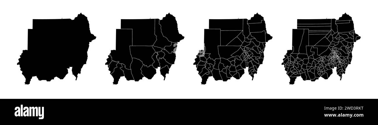 Insieme di mappe di stato del Sudan con la divisione delle regioni e dei comuni. Confini del reparto, mappe vettoriali isolate su sfondo bianco. Illustrazione Vettoriale