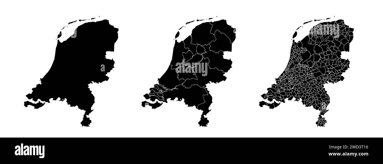 Insieme di mappe di stato dei Paesi Bassi con la divisione delle regioni e dei comuni. Confini del reparto, mappe vettoriali isolate su sfondo bianco. Illustrazione Vettoriale