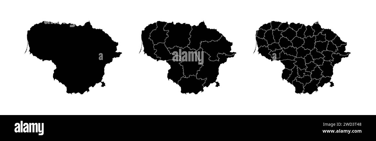 Serie di mappe di stato della Lituania con la divisione delle regioni e dei comuni. Confini del reparto, mappe vettoriali isolate su sfondo bianco. Illustrazione Vettoriale
