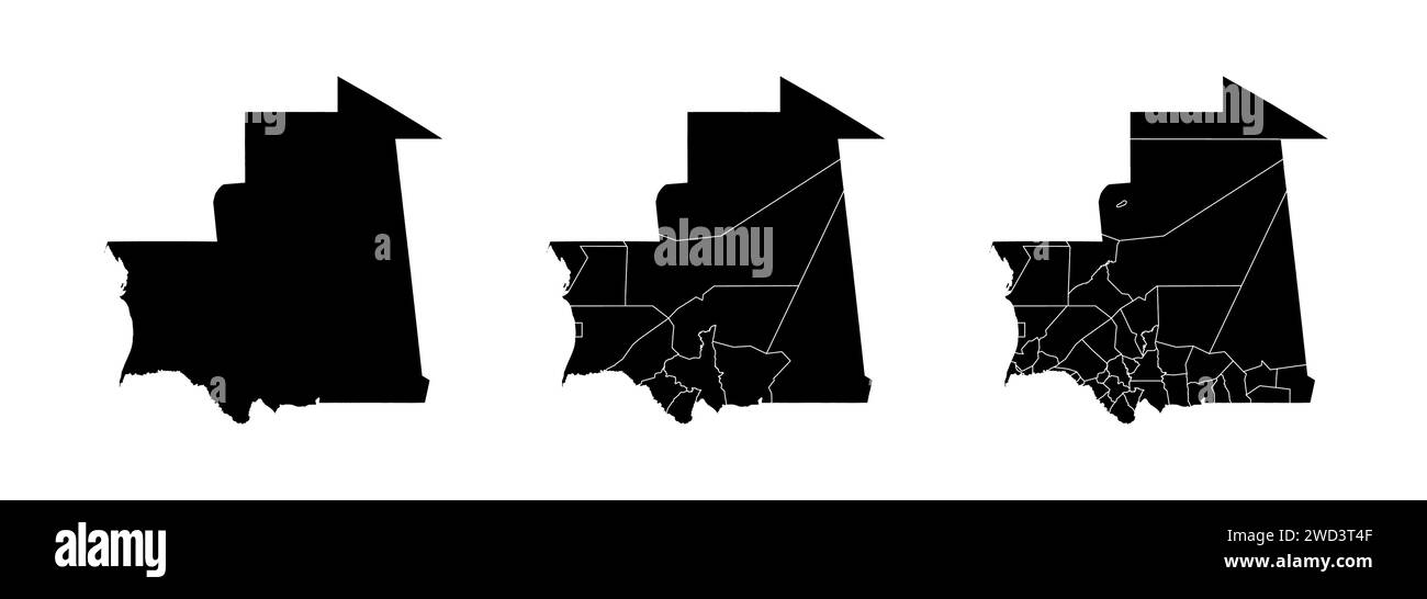 Insieme di mappe di stato della Mauritania con la divisione delle regioni e dei comuni. Confini del reparto, mappe vettoriali isolate su sfondo bianco. Illustrazione Vettoriale
