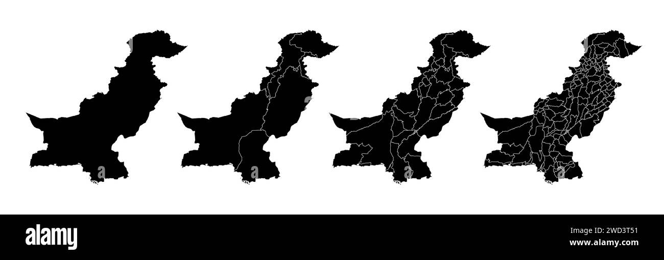 Insieme di mappe di stato del Pakistan con la divisione delle regioni e dei comuni. Confini del reparto, mappe vettoriali isolate su sfondo bianco. Illustrazione Vettoriale
