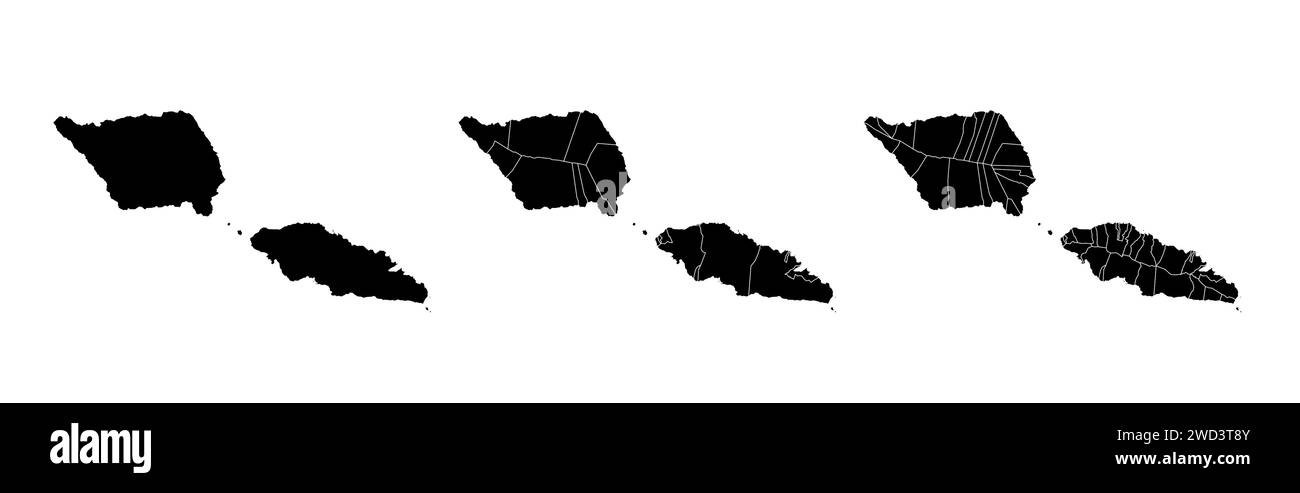Insieme di mappe di stato delle Samoa con la divisione di regioni e comuni. Confini del reparto, mappe vettoriali isolate su sfondo bianco. Illustrazione Vettoriale