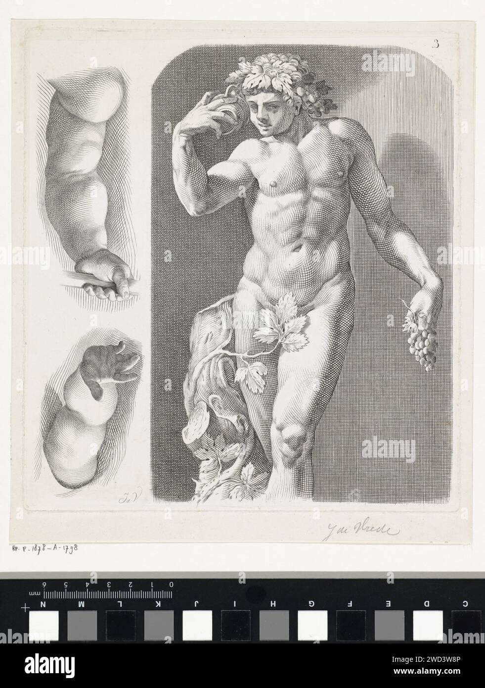 Statua di Bacco e due studi di Armen, Johannes de Vreede, 1847 - 1878 stampa rivista di studi con un'immagine di bacco e due braccia sulla sinistra. In alto a destra: 3. Giornale di Amsterdam. Incisione (storia di) Bacco (Dioniso), Liber. armi. pezzo di scultura, riproduzione di un pezzo di scultura Foto Stock