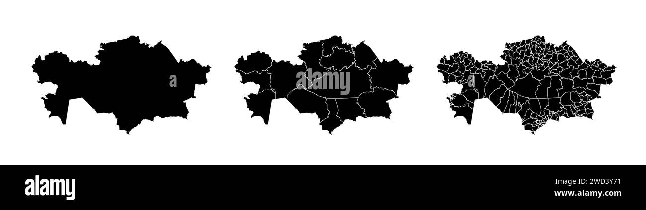 Insieme di mappe di stato del Kazakistan con la divisione delle regioni e dei comuni. Confini del reparto, mappe vettoriali isolate su sfondo bianco. Illustrazione Vettoriale