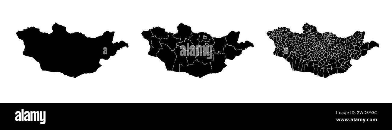 Insieme di mappe di stato della Mongolia con la divisione di regioni e comuni. Confini del reparto, mappe vettoriali isolate su sfondo bianco. Illustrazione Vettoriale