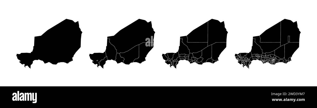 Insieme di mappe di stato del Niger con la divisione delle regioni e dei comuni. Confini del reparto, mappe vettoriali isolate su sfondo bianco. Illustrazione Vettoriale