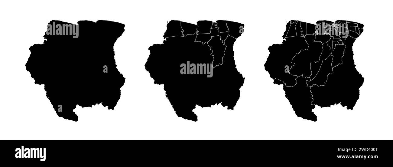 Insieme di mappe di stato del Suriname con la divisione delle regioni e dei comuni. Confini del reparto, mappe vettoriali isolate su sfondo bianco. Illustrazione Vettoriale