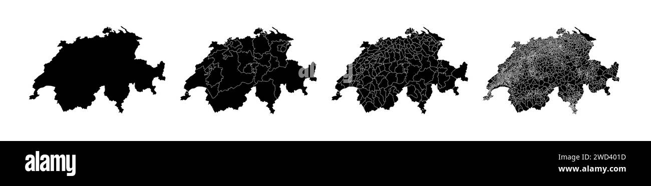 Insieme di mappe di stato della Svizzera con la divisione delle regioni e dei comuni. Confini del reparto, mappe vettoriali isolate su sfondo bianco. Illustrazione Vettoriale