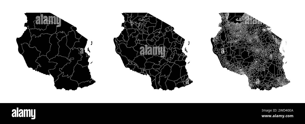 Insieme di mappe di stato della Tanzania con la divisione delle regioni e dei comuni. Confini del reparto, mappe vettoriali isolate su sfondo bianco. Illustrazione Vettoriale