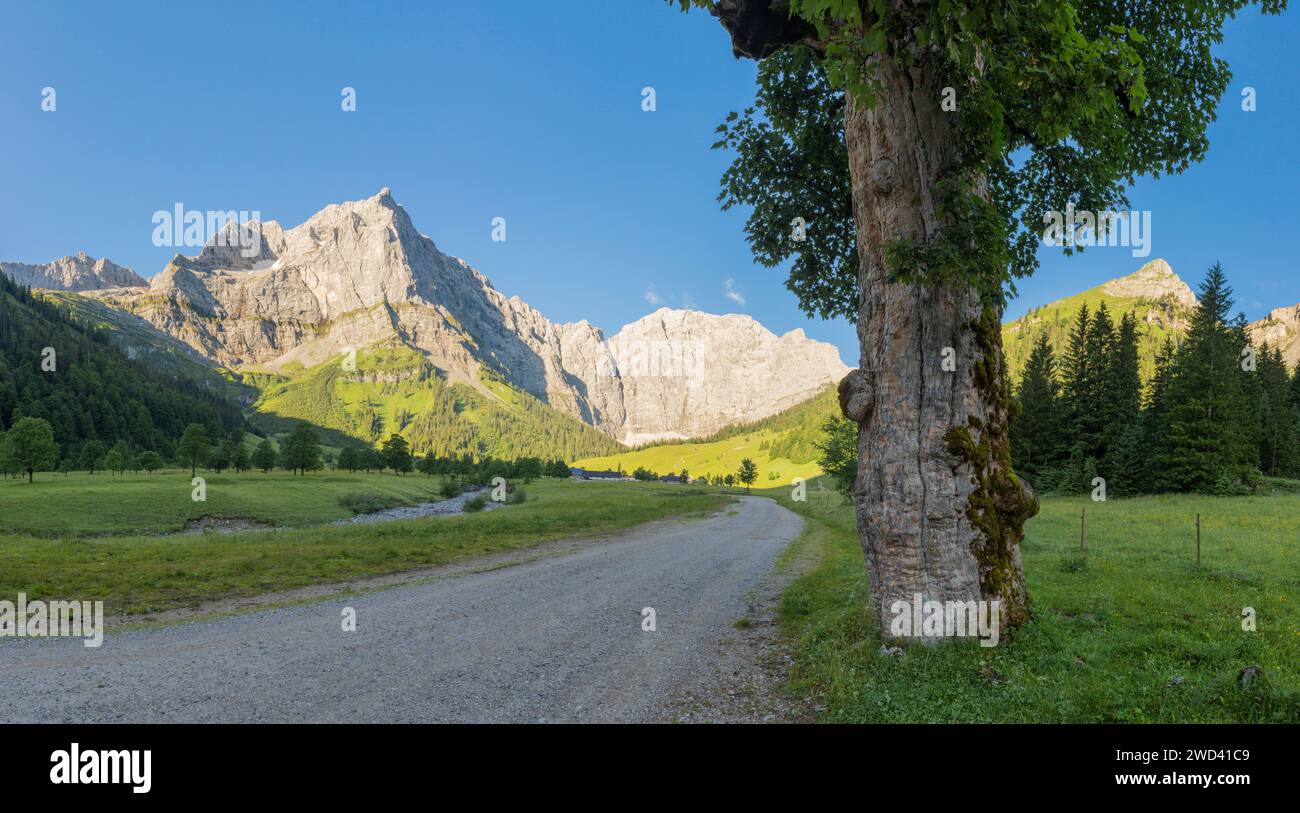 Il panorama mattutino delle pareti nord dei monti Karwendel - pareti di Spritzkar spitze e Grubenkar spitze da Enger alto - Grosser Ahornboden muro Foto Stock
