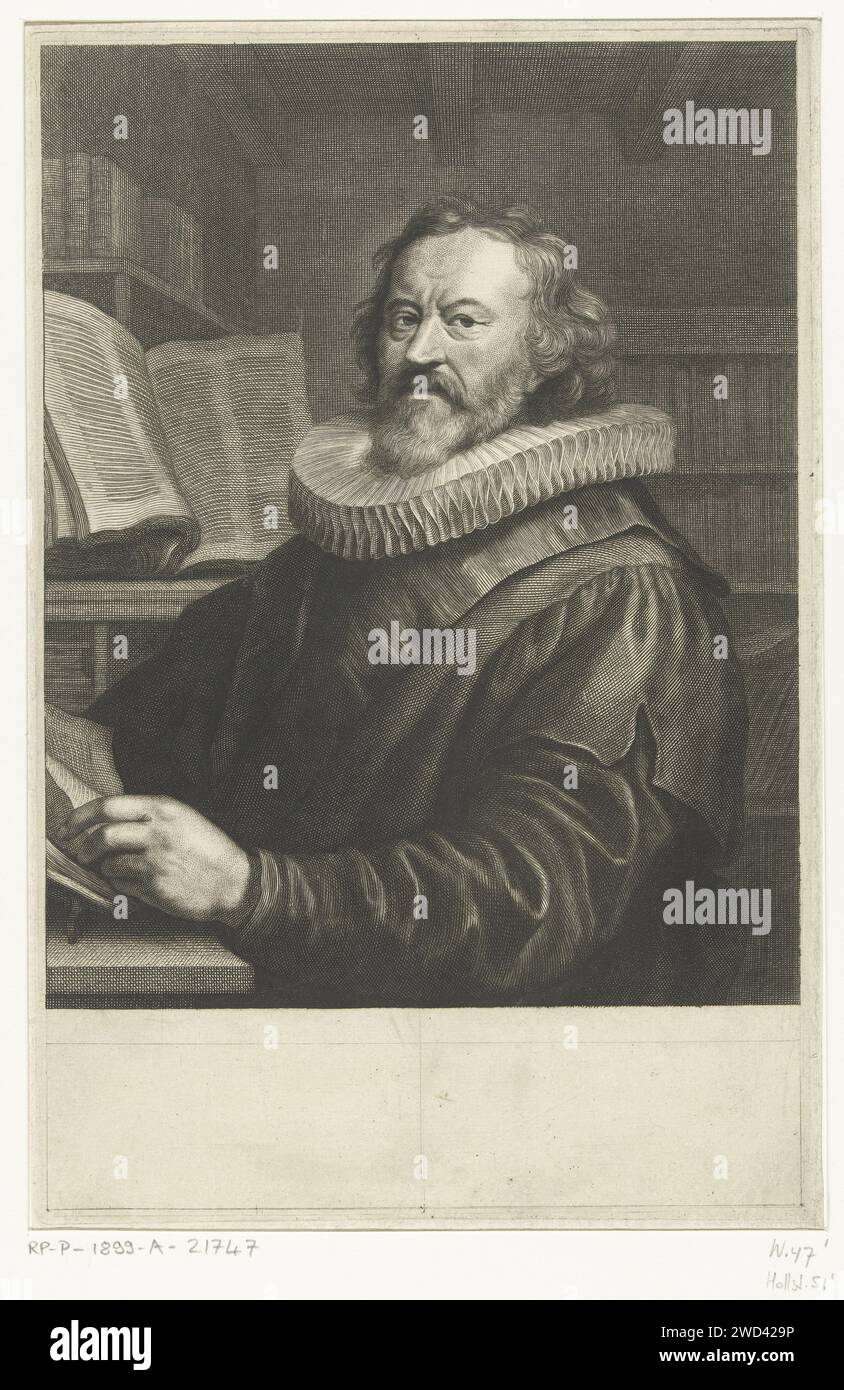 Portret van Gerard Jean Voss Abraham Bloteling, dopo Joachim von Sandrart (1) dopo circa 1660 - prima del 1690 stampa Ritratto di Gerardus Joannes Vossius, seduto in uno studio con libri. Vossius si siede a un tavolo e legge in un libro. Carta di Amsterdam incisione aspetti della scienza in generale (+ ritratto di studioso, scienziato). libro. studioso nel suo studio Foto Stock