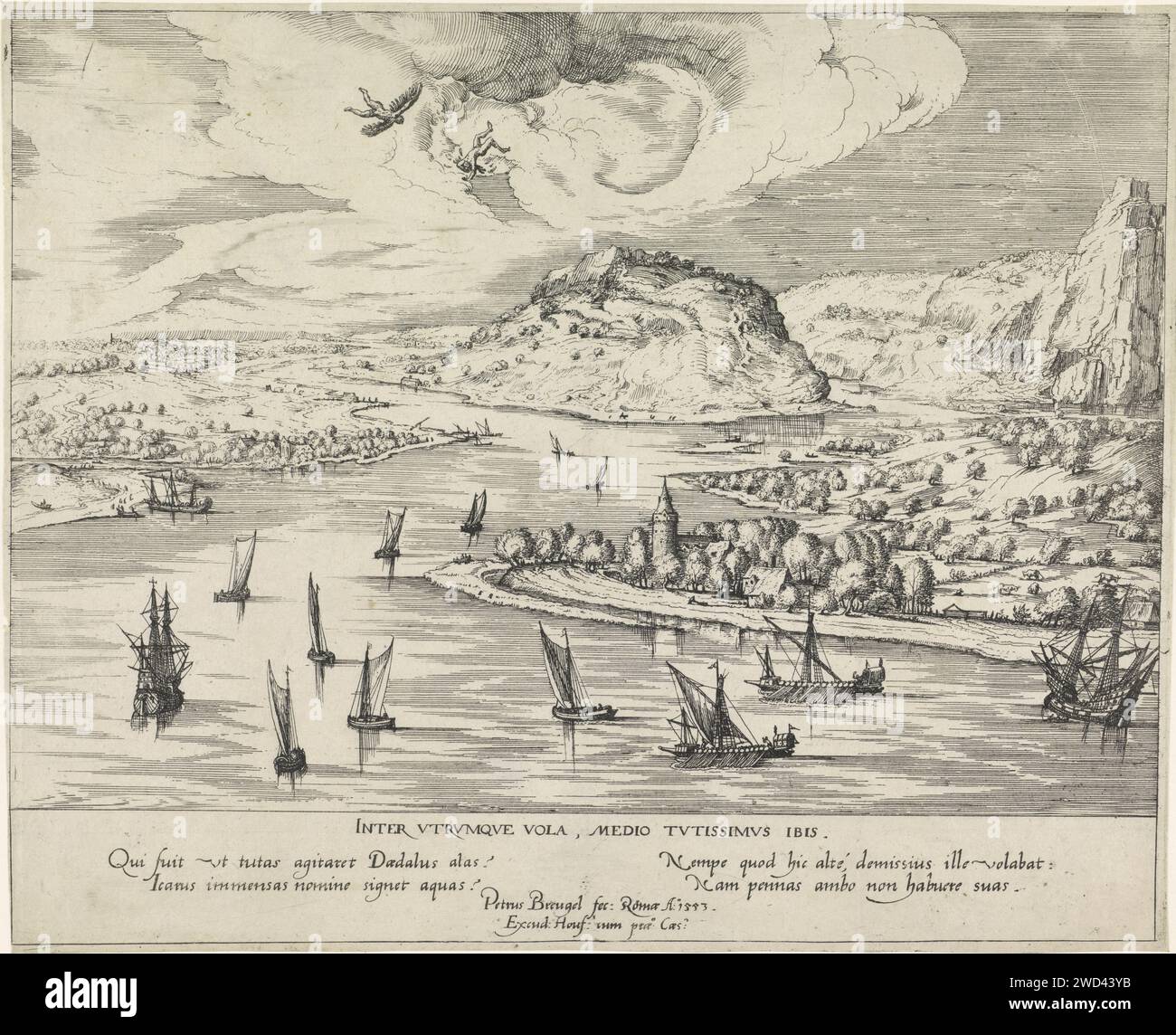 Paesaggio fluviale con Daedalus e Icarus, Symon Novelanus (attribuito a), dopo Pieter Bruegel (i), 1593 - 1597 stampa paesaggio fluviale con navi a vela sull'acqua. Nell'aria, Daedalus alato vede suo figlio Icaro cadere. Carta viennese incisione morte cioè la caduta di Icaro (Daedalus presente). river Foto Stock