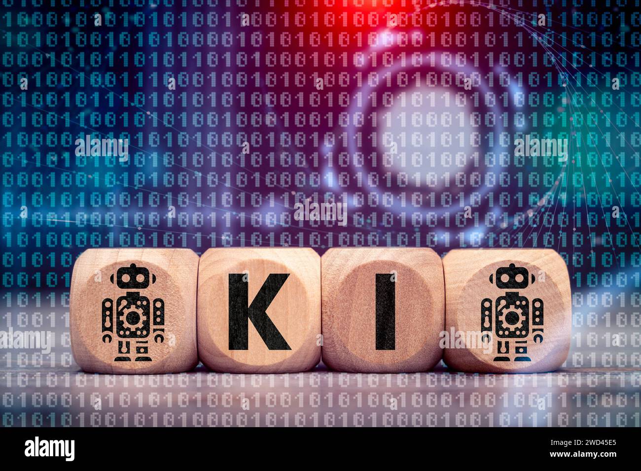 18 gennaio 2024: Sala Internet digitale con codice binario e cubi di legno etichettati ai Artificial Intelligence insieme ai simboli robotici FOTOMONTAGE *** Digitaler Internet Raum mit Binäcode und Holzwürfeln mit der Aufschrift KI Künstliche Intelligenz zusammen mit Roboter Symbolen FOTOMONTAGE Foto Stock