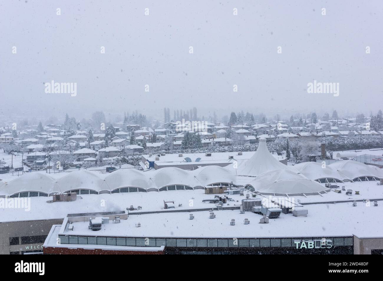 Una tempesta di neve ha gettato una coltre di neve su Brentwood e sul Brentwood Shopping Center. Vista dalla Torre 1 dell'incredibile complesso di Brentwood. Foto Stock