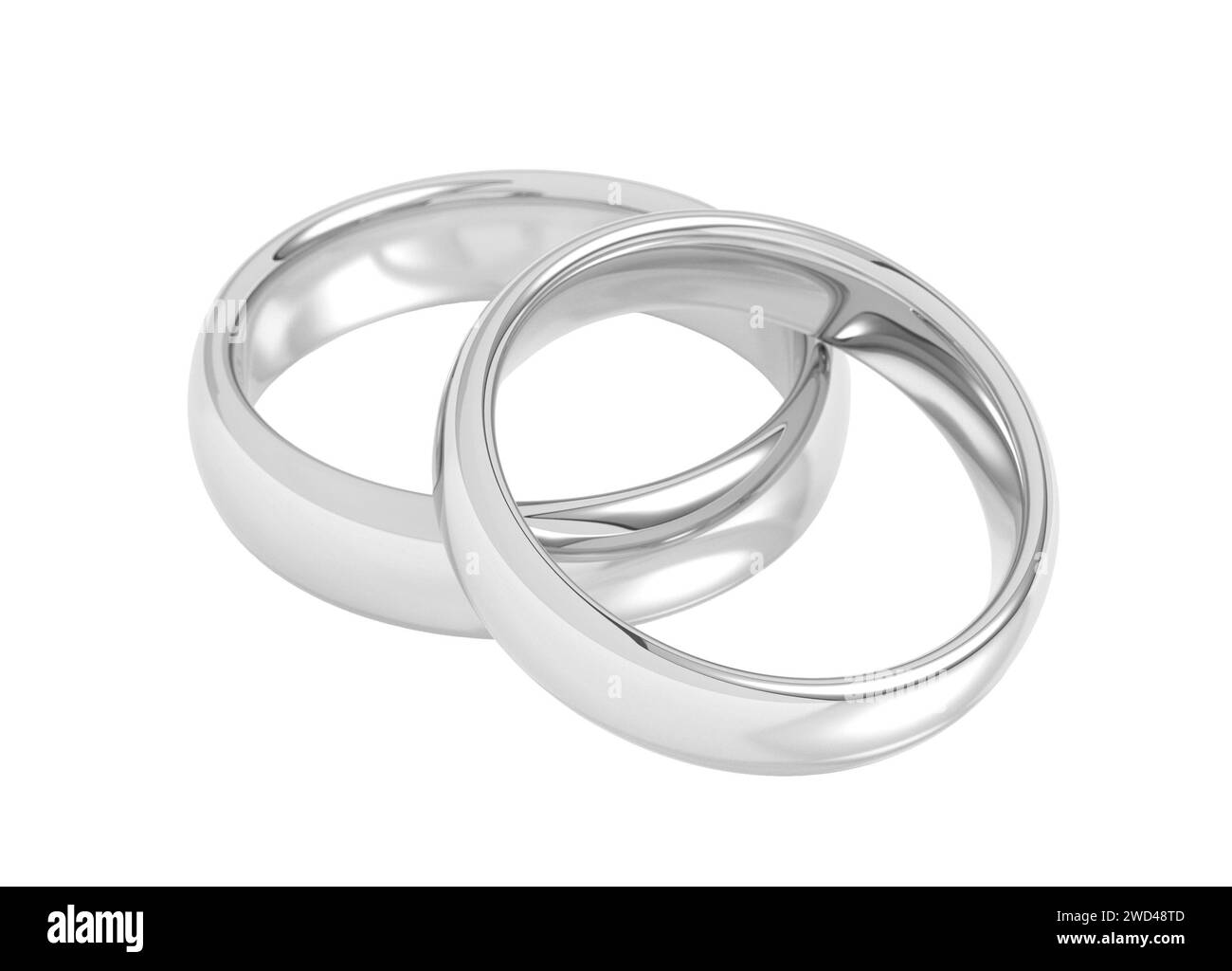 Due fedi nuziali in oro bianco, platino o argento, illustrazione 3D. Foto Stock