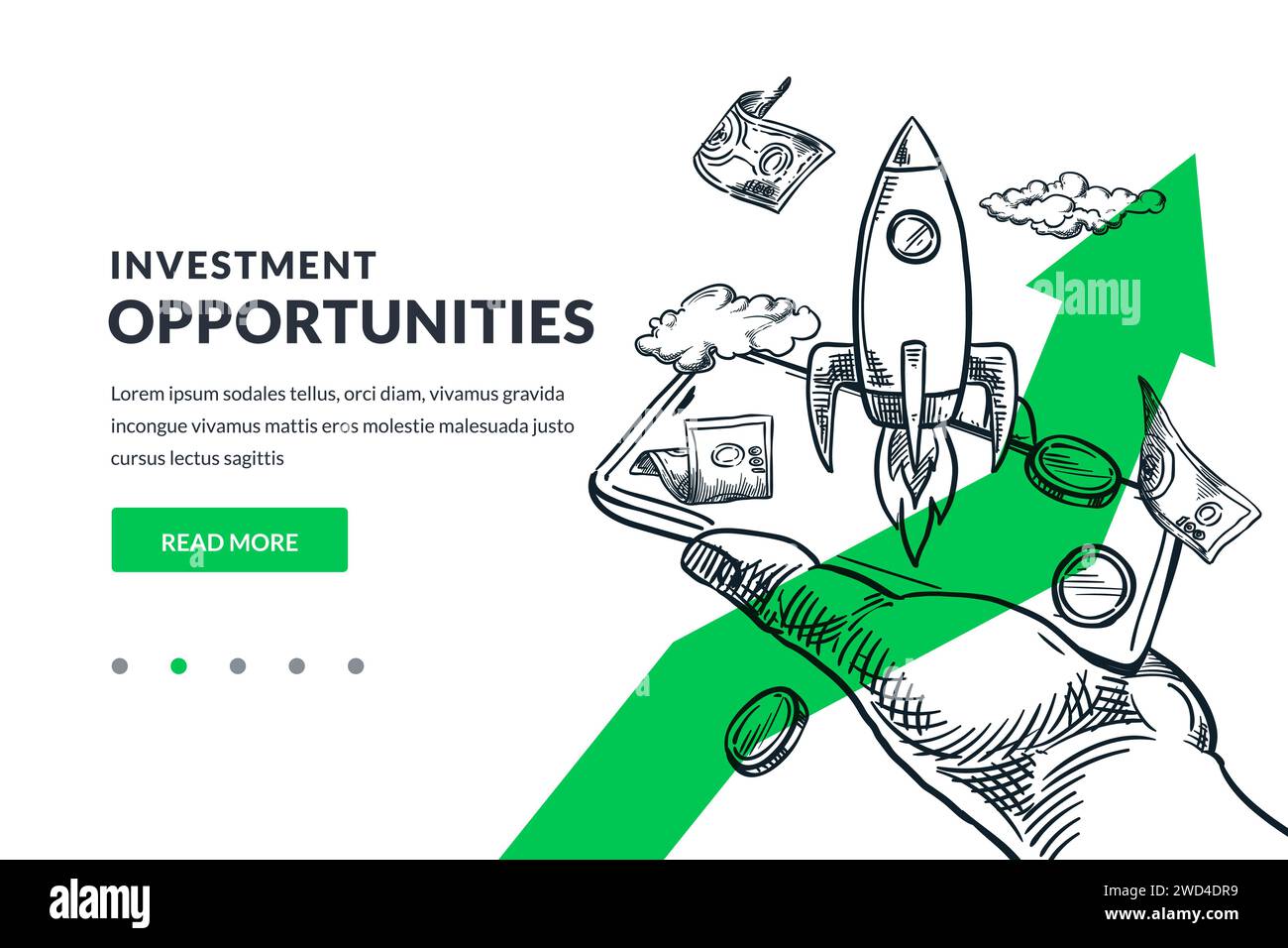 Investimenti, commercio di mercato, concetto finanziario. Razzo e denaro volano fuori dallo schermo dello smartphone. Illustrazione di uno schizzo vettoriale disegnato a mano del tradin del telefono cellulare Illustrazione Vettoriale