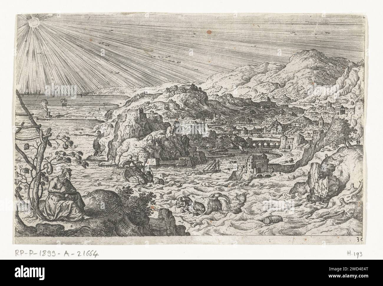 Jonah viene inghiottito dal pesce, Anonimo, dopo Hans Bol, c. 1550 - c. 1650 stampa la nave di Jona soffre di naufragio e gli imbarchi gettano Jonah in mare. Viene ingoiato da un grosso pesce. L'acquaforte di carta Giona viene ingoiata da un grande pesce, un mostro (marino), una balena, un delfino o simili Foto Stock