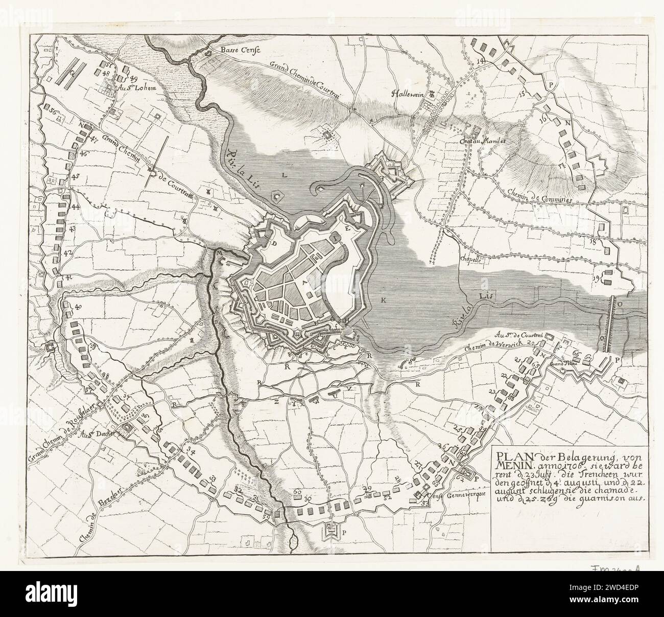 Mappa dell'assedio di Menen, 1706, Anonimo, 1706 Stampa Mappa dell'assedio e della presa di Menen da parte degli Alleati sotto il generale E.W. von Salisch il 22 agosto 1706. Germania carta incisione mappe delle città. Assedio, posizione guerra io andrò Foto Stock