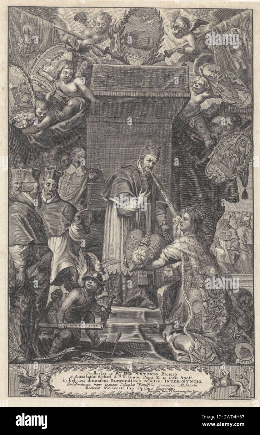 Frontespizio con Papa Innocenzo X, Pieter de Jode (II), in onore di Antoine Sallaert, nel 1645 stampa una rappresentazione allegorica con Papa Innocentus X sotto un baldacchino. Per lui, una personificazione femminile piangente con uno stemma a forma di cuore nelle sue mani. Dietro di lei un cane con una torcia, che gioca con una ricca mela. I Cardinali li guardano intorno e li guardano. Lasciato in primo piano un putto con armi rotte. Sopra il baldacchino, vari putti con bandiere e medaglioni con rappresentazioni bibliche, tra cui l'Agnello di Dio, l'Arca di Noè, la Madonna e il Re Davide. Incisione / incisione carta Anversa c Foto Stock