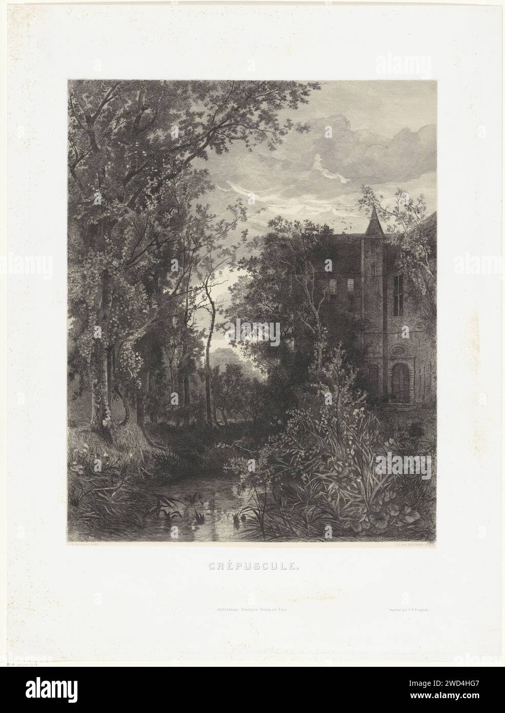 Castello di Vorden, Christiaan Lodewijk van Kesteren, dopo Johannes Warnardus Bilders, 1842 - 1892 stampa Vista del castello di Vorden con uno stagno e la vegetazione in primo piano. Giornale di Amsterdam. Incisione in acciaio Castle Vorden Foto Stock