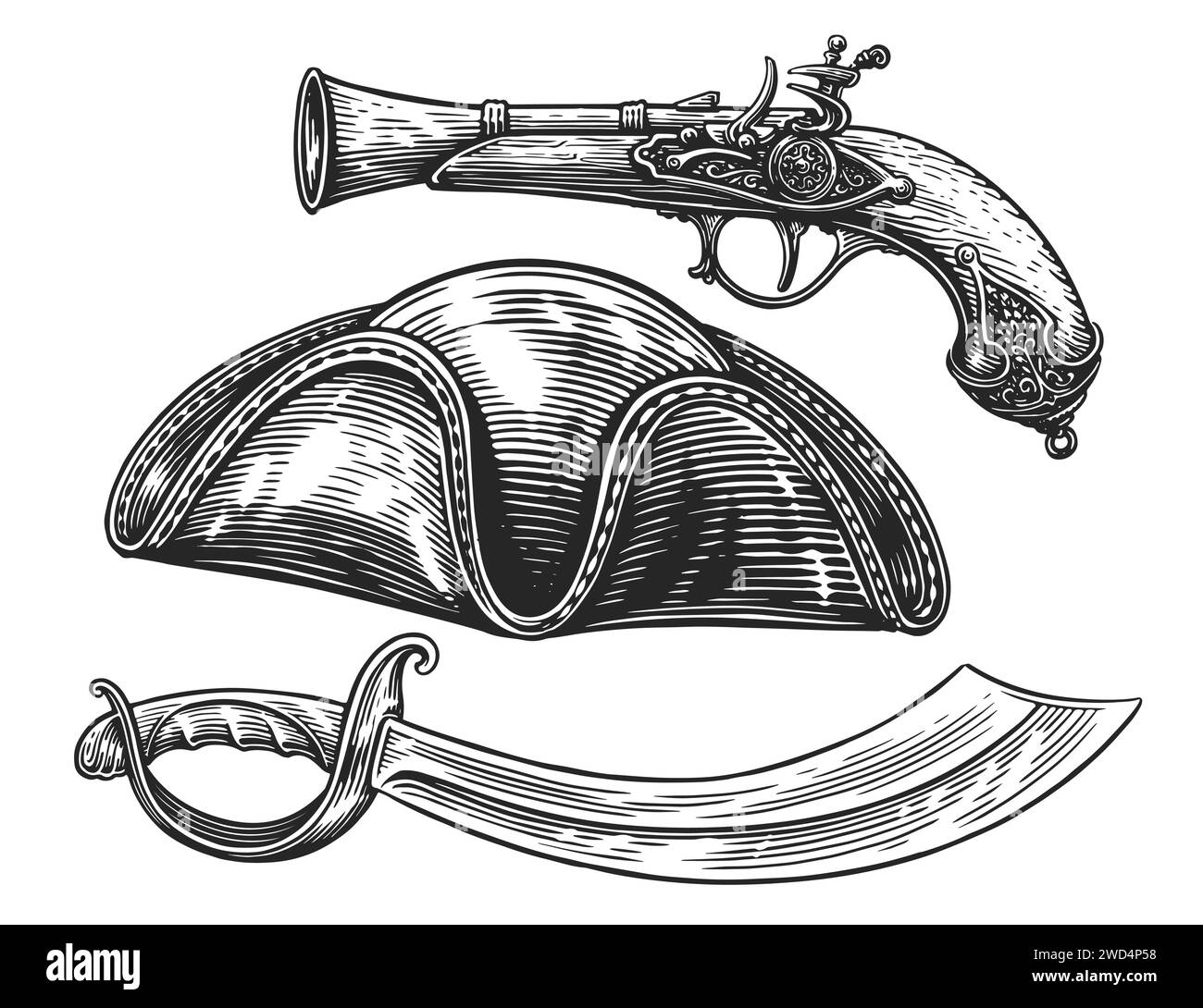 Set di pirati. Saber, pistola, cappello coccato. Disegno a mano illustrazione vettoriale vintage Illustrazione Vettoriale