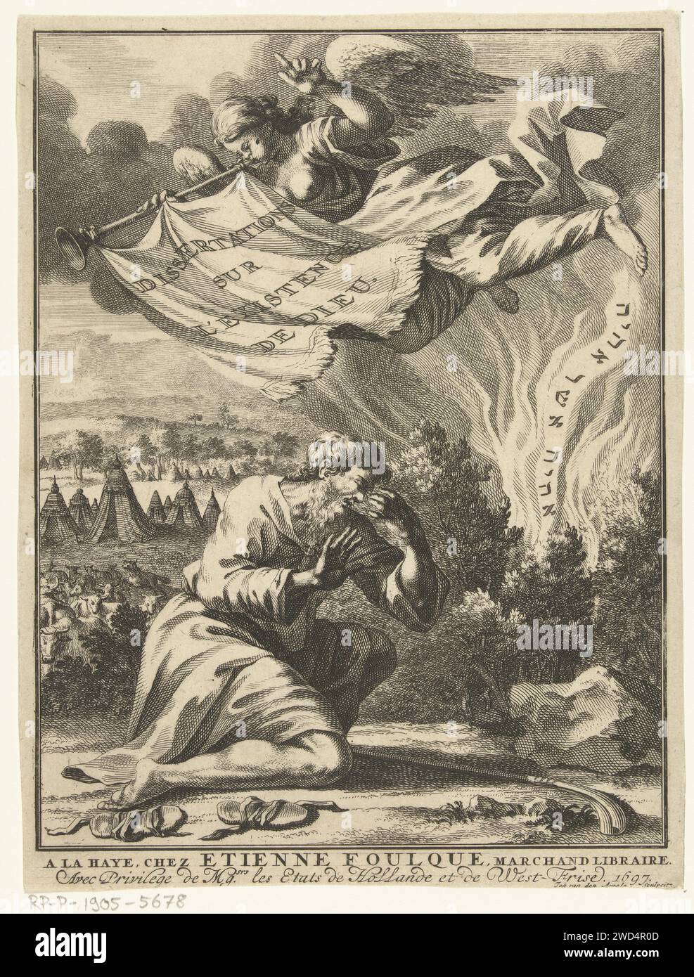 Moses at the Burning Braambos, Johannes Jacobsz van den Aveele, 1697 stampa Moses si inginocchia per le brecce brucianti e protegge il suo viso. Sopra di lui un angelo vola su una tromba. C'è una bandiera sulla tromba su cui si trova il titolo del libro. Nelle fiamme ci sono lettere ebraiche che simboleggiano la voce di Dio che parla a Mosè. La carta dell'Aia incide/incide Mosè, inginocchiandosi davanti al cespuglio e nascondendo il suo volto, ascolta Dio Foto Stock
